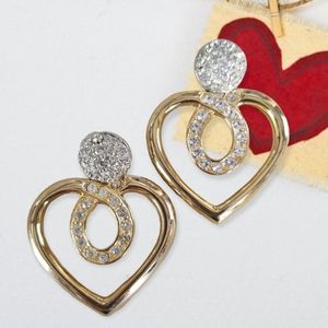 Vintage 1980s Gold Tone Rhinestone Heart Pierced Post Back Earrings